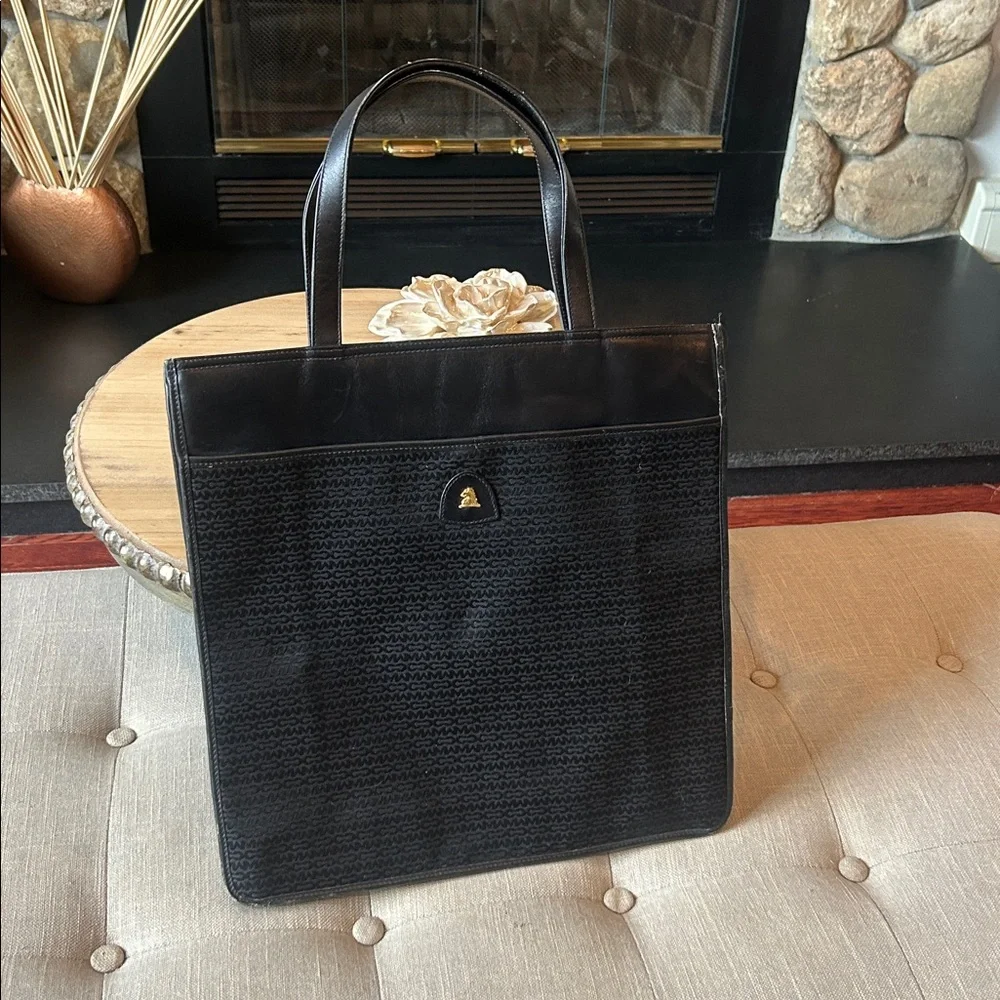 Vintage Mark Cross Black Monogram Canvas Portfolio Satchel Bag Leather Trimmed